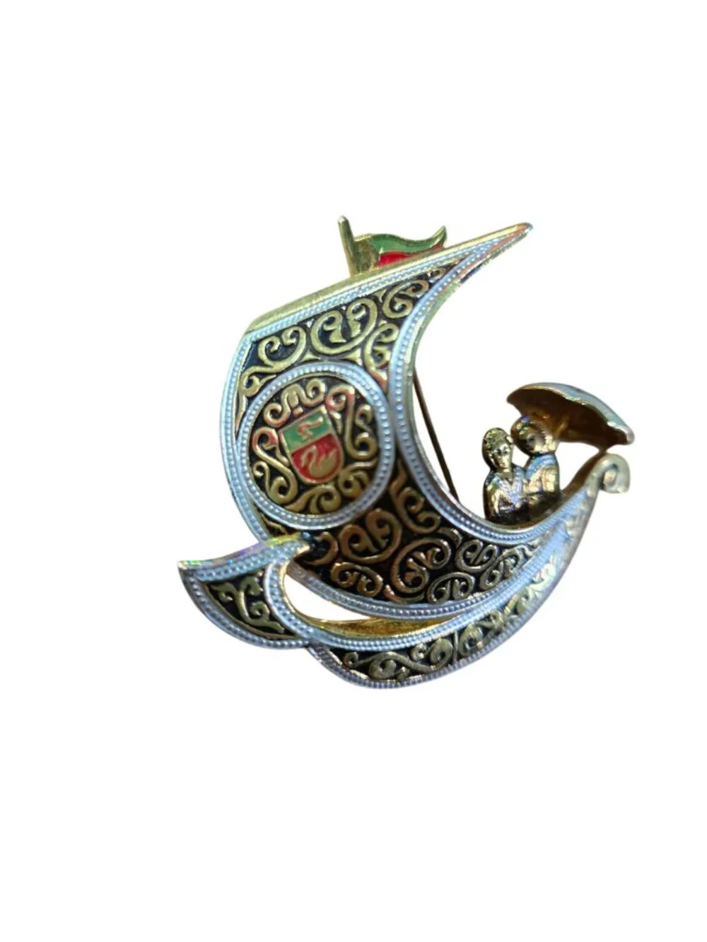 Vintage Damascene Spanish Sailboat Brooch Romantic Couple Beneath Parasol